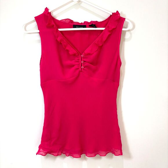 Vintage Y2K Express Silk Babydoll Top Women 2 Barbie Pink Ruffle Coquette Dainty - Picture 1 of 9